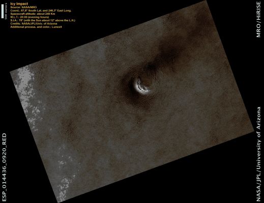 Icy Impact (CTX Frame - Natural Colors; credits: Lunexit)
A thick (approx. 3 Km or a little less than 2 miles) sequence of ice and dust, stacked like a layer cake, covers the South Pole of Mars. Impact craters that form here experience slightly different processes of modification and degradation than those that form in rocky areas.

One example of such a process is sublimation. Most of the material that makes up an icy crater is volatile, meaning it can melt or sublimate (change directly from a solid to a gas) if heated. Sublimation is more common on Mars because of its thin and dry Atmosphere. 
Crater walls facing the Sun receive more direct light than their surroundings, and are therefore more easily warmed. If the ice in the walls sublimates, the rim structure of the crater becomes degraded.
Parole chiave: Mars from orbit - Craters - Unnamed Crater in the South Polar Region