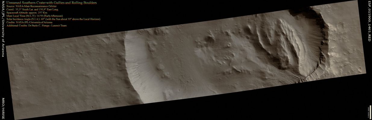 Unnamed Southern Crater with Gullies, Rolling Boulders and Dunes (CTX Frame - Absolute Natural Colors; credits for the additional process. and color.: Dr Paolo C. Fienga - Lunexit Team)
Caption NASA:"Although this image was primarily taken to study the Gullies in the Inner Walls of the Crater, it also reveals a few other interesting things. 
Near the Gullies in the Northern Wall of the Crater, for instance, some Boulders have bounced down the Slope, leaving trails of Hollows along their paths (see EDM n. 1).
Parole chiave: Mars from orbit - Craters - Unnamed Crater with Gullies and Rolling Boulders