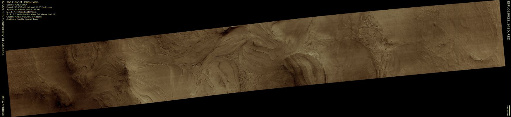 The Floor of Hellas Basin (CTX Frame - Natural Colors; credits: Dr Paolo C. Fienga - Lunexit Team)
HiRISE images are revealing some very strange landforms on the Floor of Hellas. Materials appear to have flowed in a viscous manner, like ice. 
Viscous flow features are common over the Middle Latitudes of Mars, but those in Hellas are often distinctive for unknown reasons.

Parole chiave: Mars from orbit - Hellas Planitia Region
