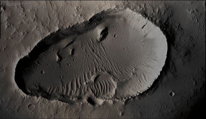 Small Shield-Volcano (Absolute Natural Colors; credits for the additonal process. and color.: Dr Paolo C. Fienga - Lunar Explorer Italia)
Mars Local Time: 14:44 (Early Afternoon)
Coord. (centered): 20,1° North Lat. and 250,3° East Long.
Spacecraft altitude: 274,9 Km (such as about 171,8 miles) 
Original image scale range: 55,0 cm/pixel (with 2 x 2 binning) so objects ~ 1 mt and 65 cm across are resolved 
Map projected scale: 50 cm/pixel
Map projection: EQUIRECTANGULAR
Emission Angle: 0,6° 
Sun-Mars-Spacecraft (or "Phase") Angle: 39,1°
Solar Incidence Angle: 40° (meaning that the Sun is about 50° above the Local Horizon)
Solar Longitude: 34,7° (Northern Spring)
Credits: NASA/JPL/University of Arizona
Additional process. and coloring: Drr Gianluigi Barca and Paolo C. Fienga - Lunar Explorer Italia
Parole chiave: Mars from orbit - Volcanoes - Unnamed Shield-Volcano