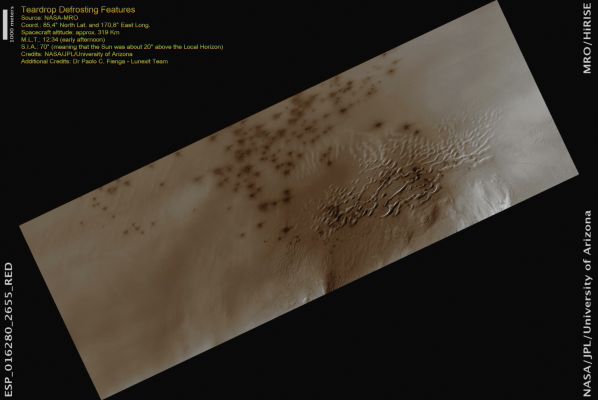 Martian Tears... (possible Natural Colors; credits: Dr Paolo C. Fienga - Lunexit Team)
nessun commento
Parole chiave: Mars from orbit - North Polar Features - Teardrop Defrosting Features