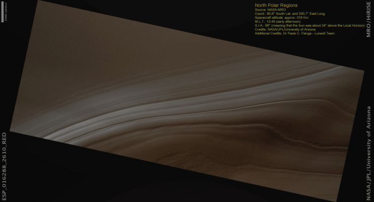 High Northern Latitudes (possible Natural Colors; credits: Dr Paolo C. Fienga - Lunexit Team)
nessun commento
Parole chiave: Mars from orbit - North Polar Features - Layers