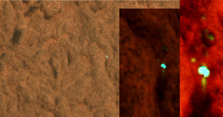 Unknown Sphere-like Objects flying over Arabia Terra (EDM - an Image-Mosaic by Dr Marco Faccin - Lunexit Team)
L'Inequivocabilità, purtroppo, non fa parte del nostro Lavoro, e questo (comunque davvero splendido) EDM, semmai ce ne fosse stato bisogno, lo conferma ancora una volta: il Gruppo di Oggetti, infatti, non viene risolto in maniera tale da permetterci di dire - inequivocabilmente, appunto... - "si tratta di questo" o "si tratta di quello" oppure "è solo un difetto dell'immagine".

Possiamo solo fare delle riflessioni (anzi, delle Informate Speculazioni) e basarle sulla nostra Esperienza (Familiarità e Competenza incluse) con questo tipo di dettagli e, perchè no?, anche sulla nostra specifica Sensibilità.

La prima considerazione/speculazione che facciamo attiene l'Oggetto Maggiore: esso, laddove venga operata una colorizzazione naturale del frame, appare splendere di una delicata luce celeste ed argentea che, come ben sapete, è quasi sempre indicativa di una Matrice Metallica di quanto ripreso.
L'Oggetto Maggiore, inoltre, ci appare caratterizzato non solo da una ovvia Sfuocatura di Movimento ma anche, et dulcis in fundo, dall'esistenza di una "scia di condensazione" (o "contrail") sul suo margine inferiore (che, a questo punto, riteniamo corrispondere al suo lato poppiero).

La regione circostante l'Oggetto Principale (al pari di quella che circonda gli Oggetti Minori) non sembra essere disturbata nè viziata da errori di trasmissione e/o dalla presenza di artefatti JPEG; se, poi, i contrasti vengono esaltati ed amplificati, i contorni di ALMENO 3 degli Oggetti Ignoti emergono con estrema chiarezza e l'Oggetto Principale SEMBRA risolversi in due corpi circolari, distinti ma sostanzialmente identici (il che ci autorizza anche a speculare che l'Oggetto Principale, in realtà, non solo NON E' un image-artifact, ma ANZI si tratta di una coppia di Oggetti REALI i quali, dal punto di vista dell'Orbiter, si stavano sovrapponendo al momento della ripresa - e cioè si trattava di DUE Oggetti Ignoti, identici, che si trovavano quasi sulla medesima verticale, ma ad altezze diverse).

Ovviamente tutta questa costruzione è, lo ribadiamo, una Speculazione.
Una Teoria, insomma, che trova le sue radici nel Lavoro svolto da Lunar Explorer Italia negli ultimi anni, ma che è BEN LUNGI dal costituire l'espressione di una certezza.
Diciamo che è un "Indizio". 

L'ennesimo indizio del fatto che, forse, "là fuori", c'è Qualcosa o Qualcuno, e che questo Qualcosa o Qualcuno osserva e ci osserva, da vicino. 
Sempre più da vicino.

O no?!? Decidete Voi: gli elementi, in realtà, li avete tutti. 
Ora dovete solo metterli insieme e poi provare a guardarli, senza preconcetti e senza distorsioni.

Buon Lavoro!
Parole chiave: Mars from orbit - Arabia Terra - Controversial