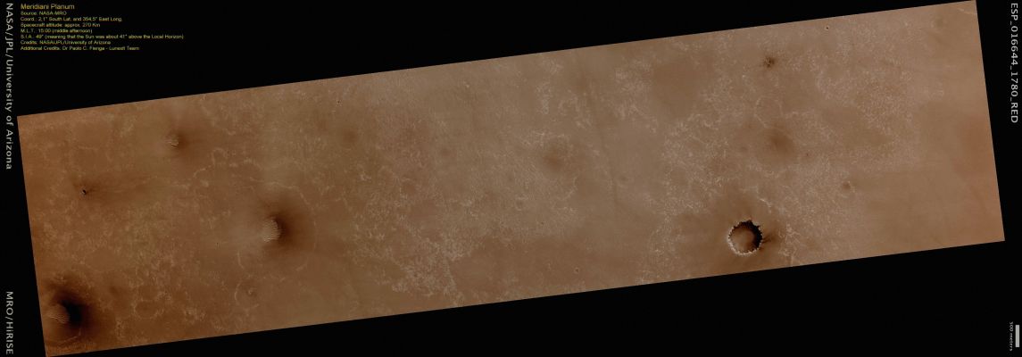 On the Edge of Concepci�n (CTX Frame - Natural Colors; credits: Dr Paolo C. Fienga - Lunexit Team)
This image was acquired by HiRISE on 13 February 2010, on Sol 2153 of Opportunity’s Mission on Mars. 
Note the Rover Tracks in the Ripples to the North and North-West of the Rover. Scientists use these high-resolution images (about 25 cm/pixel) to help navigate the Rover. In addition, Rover exploration of areas covered by such high-resolution images provides “ground truth” for the orbital data.
Parole chiave: Mars from orbit - Meridiani Planum