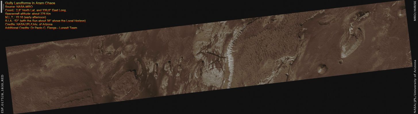 Gully-like Landforms in Aram Chaos (Natural Colors; credits for the additional process. and color.: Dr Paolo C. Fienga - Lunexit Team)
This observation shows erosional features on light-toned rocks in Aram Chaos, a crater near the Equator of Mars that has been nearly filled with sedimentary rocks.
In enhanced color, the sediments are very distinctive. The rocks show a sharp change in color partway down the slope, indicating a change in the properties of the rock, probably to a different composition. 
The erosional features have Alcoves with Aprons downslope, and in some cases have hints of channels, potentially due to abrasion by falling debris. 

These morphologies bear some resemblance to Gullies commonly found in the Mid-Latitudes, which are often thought to have formed due to erosion by liquid water from melting snow. 
Near the Equator, however, snowmelt in Mars' recent climate is less likely.
Parole chiave: Mars from orbit - Aram Chaos Region