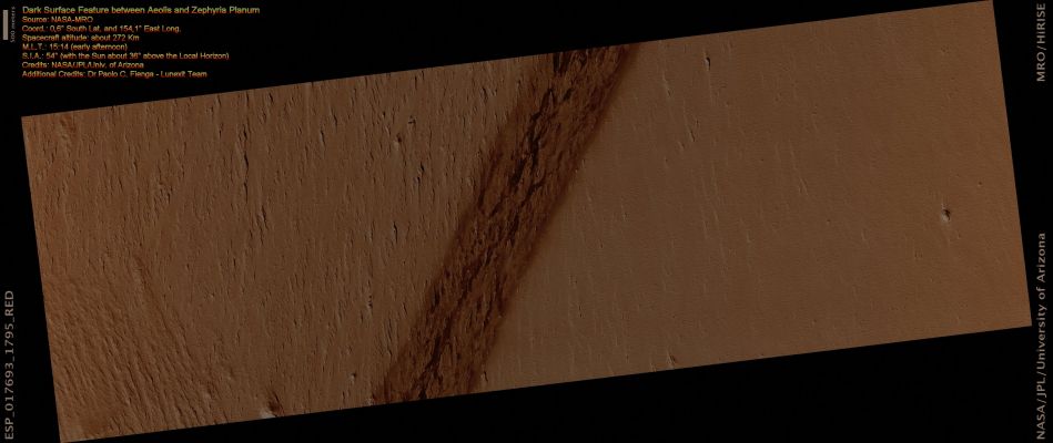 Thermal Anomaly in Aeolis and Zephyria Regions (Saturated Natural Colors; credits for the additional process. and color.: Dr Paolo C. Fienga - Lunexit Team)
This image is taken of an interesting Linear Surface Feature in the Aeolis and Zephyria regions. Using the daytime IR imaging data from the THEMIS instrument, this feature has a higher daytime temperature than its surroundings while also being relatively dark.

When viewed at full HiRISE resolution, this area contains Sand Ripples with some consolidated, Bedrock-like material poking through. These Bedrock Outcrops are more pronounced along the southern portion of the image and are most apparent in the region of the Thermal Anomaly. The Outcrops trend generally East-West and appear sculpted by aeolian erosion.

In the area of the Anomaly, the sand between these Outcrops has a darker tone and gradually blends with the lighter material to either side. This darker sand may be the reason why the material has a "hot" signature compared to its surroundings, because dark materials absorb sunlight more efficiently.

Features similar to the one in this image help researchers to characterize such features and to understand whether such exposures may indicate possible Hydrothermal Fissures, or perhaps be just an exposure of a darker underlying material.

Written by: Shawn Hart and Ginny Gulick
Parole chiave: Mars from orbit - Low Albedo Feature