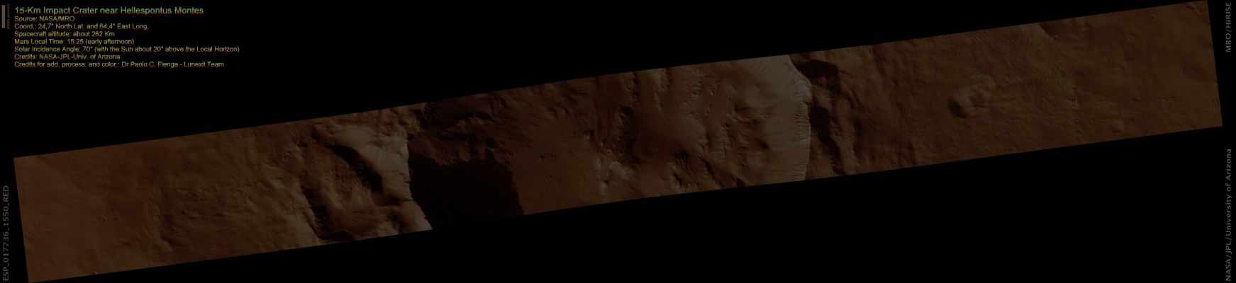 15-Km Diameter Unnamed Impact Crater (Absolute Natural Colors; credits: Dr Paolo C. Fienga - Lunexit Team)
nessun commento
Parole chiave: Mars from orbit - Craters - Unnamed Crater - Hellespontus Region