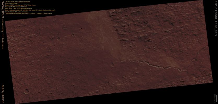 Olympus' Lava Flows (Extremely Enhanced Natural Colors; credits for the additional process. and color.: Dr Paolo C. Fienga - Lunexit Team)
The flanks of Olympus Mons are covered with Lava Flows (one on top of the other) Most of these Flows are relatively narrow, with a channel running down the middle. They appear similar to the Lava Flows found on Mt. Etna in Sicily (Italy).
However, in this image, we see these typical Flows partially covered by another, more recent one. This last one also shows a Central Channel, and it is about 10 times wider than the more typical Lava Flows. At the center of the HiRISE image the Channel disappears. 
This is probably because the Channel was blocked here and Lava spilled out of it and covered a broad, fan-shaped, area. The eruption that produced this unusual flow was probably more vigorous and perhaps lasted longer than the more common ones.
Parole chiave: Mars from orbit - Lava Flows - Olympus Mons