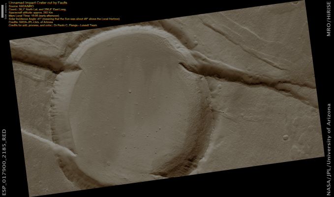 Unnamed Impact Crater cut by Faults (Natural Colors; credits: Dr Paolo C. Fienga - Lunexit Team)
This image reveals an interesting coincidence of two important Planetary Processes: Cratering by Impacts and Tectonism.

Here we have an Impact Crater (the large round feature, approx. 6,2 Km, or 3,9 miles, across) that intersects a series of Faults (the linear features). The Faults are seen to cut the circular Rim of the Impact Crater. Also, the impact did not destroy the adjacent faults. These observations tell us that the Fault was active after the impact occurred. 
In addition, by measuring the distance of offset of the different pieces of the Crater Rim separated by the Fault Line (assuming that when the Crater formed, the Rim was continuous around its circumference), the amount of movement along the Fault can be estimated, laterally and vertically. Faults like these cause Troughs to form, called "Graben", of which the heavily shadowed one is a good example. The center (shadowed) section has been dropped downwards relative to the surrounding Terrain, forming the Trough.

It is also clear that parts of the Crater Rim are lower than others where the Graben intersects the Crater. The sides of the Graben (the Faults forming the Walls of the Trough) are sloped, so that the dropped-down part of the Crater Rim has also moved horizontally away from its higher part. The combined down-dropping and moving apart indicates that the land here is being stretched and pulled apart, called "extension". By measuring the amount of offset on all the Faults, we can estimate how much extension has occurred in this part of the Planet.

This location is especially helpful because, as mentioned above, we have a good knowledge of the “before-faulting” configuration of the land, in which the Crater Rim was continuous. Finally, it is interesting that there is no sign of the Fault on the Floor of the Crater – its Floor has not been faulted and no part is down-dropped and stretched apart as the Rim has been. This indicates that some infilling of the Crater (perhaps by Lava or Airborne Sediment) has likely occurred since the Fault was active, burying the trace of the Fault and representing a third stage of geologic history in this area.
Parole chiave: Mars from orbit - Craters - Unnamed Crater with Faults - Utopia Planitia Region