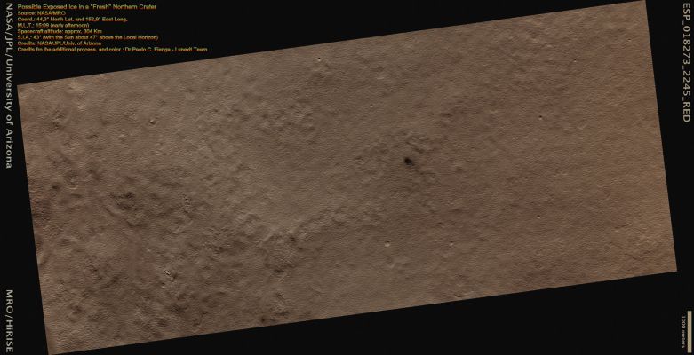 Possible Water-Ice in a "fresh" Crater (CTX Frame - Natural Colors; credits for the additional process. and color.: Dr Paolo C. Fienga - Lunexit Team)
Previous HiRISE images of Fresh Craters in the Middle to High Northern Latitudes show exposed Water Ice on the Poleward-facing slopes. Here is another example. 
The EDM shows an approx. 6 meters (20 feet) diameter Crater. Based on before and after images acquired by the Odyssey THEMIS and MRO CTX cameras, respectively, this Crater formed some time between April 2004 and January 2010.
The Crater is at a latitude of 44° North and is itself located on the ejecta of a larger crater. The image was acquired in early Summer, when frost at this latitude is not expected. 
It is therefore believed that the bright blueish material that can be seen in the EDM is Subsurface Ice that was exposed by the impact.
This ice is probably at the same depth and has a similar origin to that excavated by the Phoenix Lander back in 2008. The area of exposed ice based on the HiRISE images is about 1-2 square meters (such as 10-20 square feet).
Parole chiave: Mars from orbit - Craters - Unnamed Crater with Ice