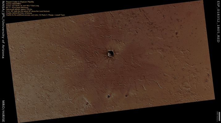 Rayed Crater in Elysium Planitia (Natural Colors; credits for the additional process. and color.: Dr Paolo C. Fienga - Lunexit Team)
Parole chiave: Mars from orbit - Craters - Unnamed Crater with Rays in Elysium Planitia