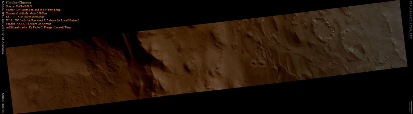 Candor Chasma (Natural Colors; credits for the additional process. and color.: Dr Paolo C. Fienga - Lunexit Team)
nessun commento
Parole chiave: Mars from orbit - Candor Chasma Region