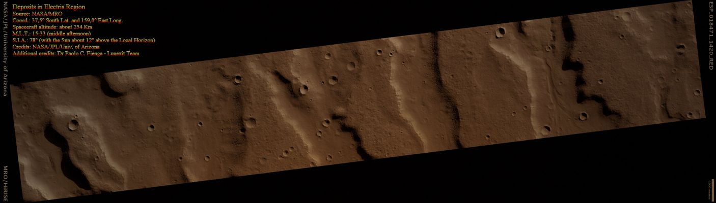 Electris Region (Natural Colors; credits for the additional process. and color.: Dr Paolo C. Fienga - Lunexit Team)
nessun commento
Parole chiave: Mars from orbit - Deposits on Outcrops - Electris Region