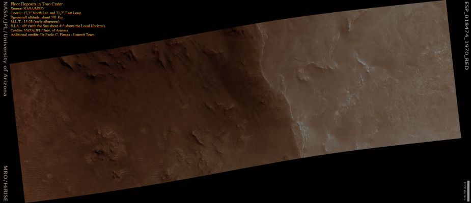Floor Deposits in Toro Crater (Natural Colors; credits for the additional process. and color.: Dr Paolo C. Fienga - Lunexit Team)
nessun commento
Parole chiave: Mars from orbit - Craters - Toro Crater