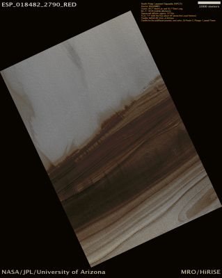 North Polar Layered Deposits (CTX Frame - Natural Colors; credits for the additional process. and color.: Dr Paolo C. Fienga - Lunexit Team)
The North Polar Layered Deposits (NPLD) are layers of dusty ice up to 3 Km (a little less than 2 miles) thick and approx. 1000 Km (about 620 miles) in diameter. We can see the Layers exposed on the Walls of Troughs and Scarps cut into the Deposits, such as the Trough Wall imaged here.
The bright region at the top is the flat surface above the Trough Wall; it is higher than the Terrain underneath. The wall exposing these Layers has a vertical relief of about 600 meters (1970 feet). 
It is thought that the NPLD likely formed recently (however millions of years ago...) as rhythmic variations in Mars' orbit changed the distribution of Water Ice around the Planet. As ice moved to and from the Polar Region in response to a changing climate, Layers of Ice and Dust built up at the Poles. By studying the history of these Deposits, we hope to understand how the Martian climate has changed. This is similar to terrestrial scientists studying ice cores from Antarctica and Greenland to understand how Earth's climate has changed in the last tens of thousands of years.

Three things are immediately apparent about the Layers exposed on this Trough Face. First, individual Layers have different Surface Textures. Some scientists think that changing Surface Textures reflect changing physical properties (such as dust content or ice grain size) of the underlying Layer, and looking for patterns in the sequence of Layer Textures can tell us about patterns in the climate in which a Layer formed.

Second, there are several Unconformities, or places where one Layer is interrupted and overlain by another Layer. These Unconformities are due to periods where Layers were eroded or removed, followed by times when new Layers were deposited. Mapping the locations of Unconformities can tell us how the Deposit shrank and grew over time, and tell us where large changes in climate occurred, causing water ice to be removed from the Polar Regions.

Finally, the dark and bright Streaks are due to recent Winds blowing Surface Frost around, and can tell us about wind patterns in the current polar climate.
Parole chiave: Mars from orbit - North Polar Features - NPLD