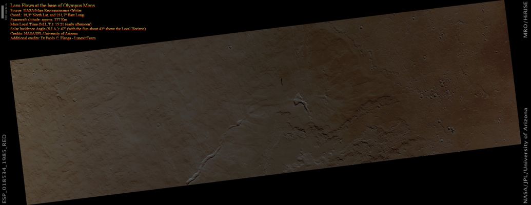 Lava Flows at the base of Olympus Mons (Absolute Natural Colors; credits for the additional process. and color.: Dr Paolo C. Fienga - Lunexit Team)
nessun commento
Parole chiave: Mars from orbit - Lava Flows - Olympus Mons