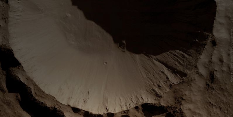 Gullies and Frost in a Southern Unnamed Crater (Natural Colors; credits for the additional process. and color.: Dr Paolo C. Fienga - Lunexit Team)
"...Quello che è successo è piuttosto chiaro; se poi noi oggi lanciamo l’allarme e tra qualche giorno tutto verrà ripristinato come prima, bene… Saremo stati i soliti complottisti allarmisti. Ma se così non fosse...

Comunque sia, i fatti sono questi: da ieri sera (circa le 19:00 CET) i frames HiRise red in b/n (e dunque le immagini orbitali integrali) non sono più disponibili al Pubblico. 
Ma in realtà è anche successo di peggio; non solo questi files non sono stati pubblicati per le nuove immagini postate proprio ieri, in giornata, ma sono spariti anche tutti i files passati. TUTTI, dal primo all’ultimo… non uno di meno. Da un momento all’altro, insomma, quasi sedicimila b/n Orbital Frames integrali sono spariti.

Già questo evento avrebbe fatto incavolare i qui presenti, ma a ciò aggiungiamo che i frames ora disponibili, spesso e volentieri, mostrano solo delle porzioni di immagine, e non la "veduta orbitale globale".

Ciò nonostante, siamo riusciti comunque a ritrovare i "nostri" frames nei labirinti dei Server Ftp NASA. Resta ovvio il fatto che una simile ricerca fa sì che il campo di chi riesca/possa/voglia/sia capace di accedere a tali dati si restringa moltissimo. 
E poi, last but not least, si rende la ricerca ancor più facilmente tracciabile (anche se su questo aspetto nessuno si è mai fatto paranoie di sorta - non siamo certo noi che nascondiamo qualcosa, anzi…).

Ciliegina finale: il visualizzatore jpeg2000 per i dettagli dei frames risulta avere (sempre da ieri) alcune delle librerie java corrotte. Tradotto in soldoni: non si riesce più a visualizzare nulla.

Quindi chi vuol guardare una foto scattata da duecento chilometri di altezza può farlo (con difficoltà, ma alla fine ci può pure riuscire); chi invece cerca i dettagli vicini al mezzo metro per pixel di definizione… o si scarica vari gb di dati per ogni singolo frame e ricerca in manuale, oppure si attacca al tram e va a leggersi la Gazzetta dello Sport.

Per chi non avesse familiarità con simili softwares, Vi diciamo questo: immaginate (in aggiunta al fatto di dover scaricare files enormi e quindi pesantissimi) di prendere un "tappeto" di una ventina di metri per dieci e poi, tramite il Vostro monitor, tra i milioni e milioni di nodi che vanno a comporlo, immaginate di metterVi a cercare i dettagli di interesse osservando i singoli nodi manualmente.

Anche per questo problema, per ora, abbiamo trovato una soluzione - macchinosa ma funzionante! - grazie ad una piccola applicazione che si va ad aggiungere al visualizzatore ufficiale, e che deve essere avviata solo in un certo momento, altrimenti non funziona neppure lei. 

Ma ciò non toglie che le sorprese (e le conseguenze di una simile decisione) sono state tante e, tra l’altro, forse non sono neppure finite...".

...Meditate, gente, meditate...
Parole chiave: Mars from orbit - Craters - Unnamed Crater with Gullies and Frost