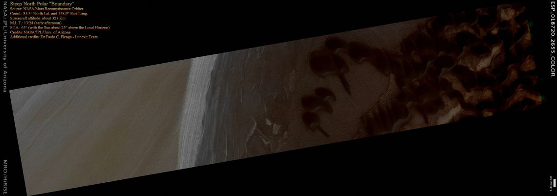 Steep North Polar "Boundary" (Absolute Natural Colors; credits for the additional process. and color.: Dr Paolo C. Fienga - Lunexit Team)
nessun commento
Parole chiave: Mars from orbit - North Polar Features - Boundary