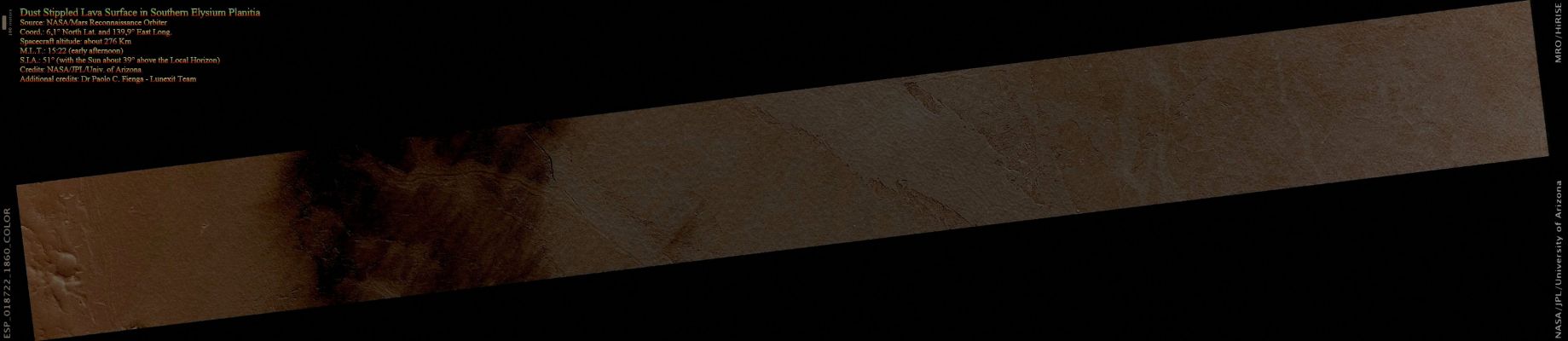 Southern Elysium Planitia (Absolute Natural Colors; credits for the additional process. and color.: Dr Paolo C. Fienga - Lunexit Team)
nessun commento
Parole chiave: Mars from orbit - Elysium Planitia Region