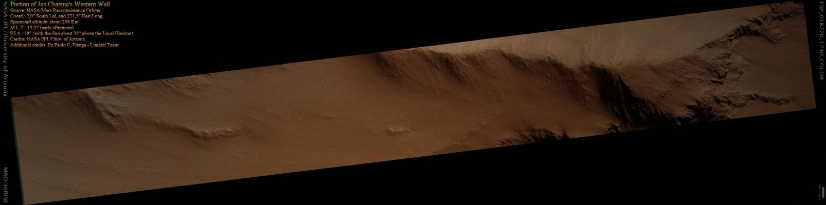 Portion of Jus Chasma's Wstern Wall (Natural Colors; credits for the additional process. and color.: Dr Paolo C. Fienga - Lunexit Team)
nessun commento
Parole chiave: Mars from orbit - Jus Chasma