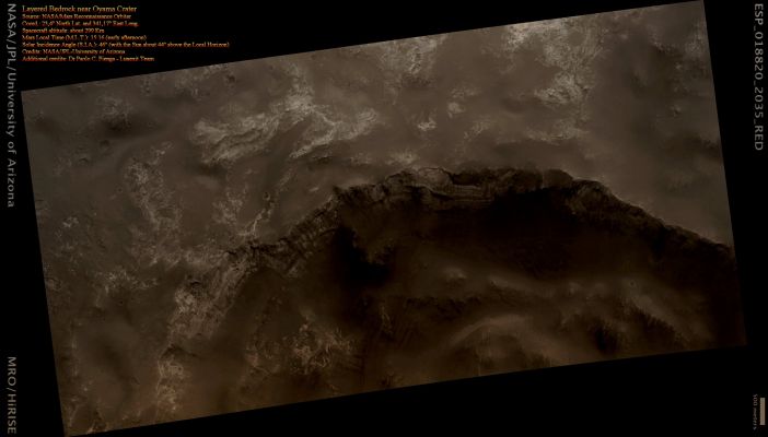 Layered Bedrock (Absolute Natural Colors; credits for the additional process. and color.: Dr Paolo C. Fienga - Lunexit Team)
nessun commento
Parole chiave: Mars from orbit - Craters - proximities of Oyama Crater