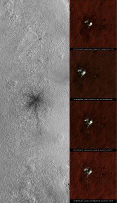 Evolution... (an Image-Mosaic by Elisabetta Bonora - Lunexit Team)
Acquisition date: 16 August 2010
Mars Local Time (MLT): 15:16 (Early Afternoon)
Coord.: Latitude (centered): 44,2° North and Longitude (East): 164,2° 
Spacecraft Altitude: approx. 305 km (about 190,6 miles) 
Original image scale range: 30,5 cm/pixel (with 1 x 1 binning) so objects ~92 cm across are resolved 
Map projected scale: 25 cm/pixel and North is up 
Map projection: EQUIRECTANGULAR 
Emission Angle: 6,3° 
Sun-Mars-Spacecraft Angle (Phase Angle): 54,9° 
Solar Incidence Angle: 49° (with the Sun about 41° above the Local Horizon)
Solar Longitude: 134,0° (Northern Summer)
Parole chiave: Mars from orbit - Craters - Unnamed Fresh Crater