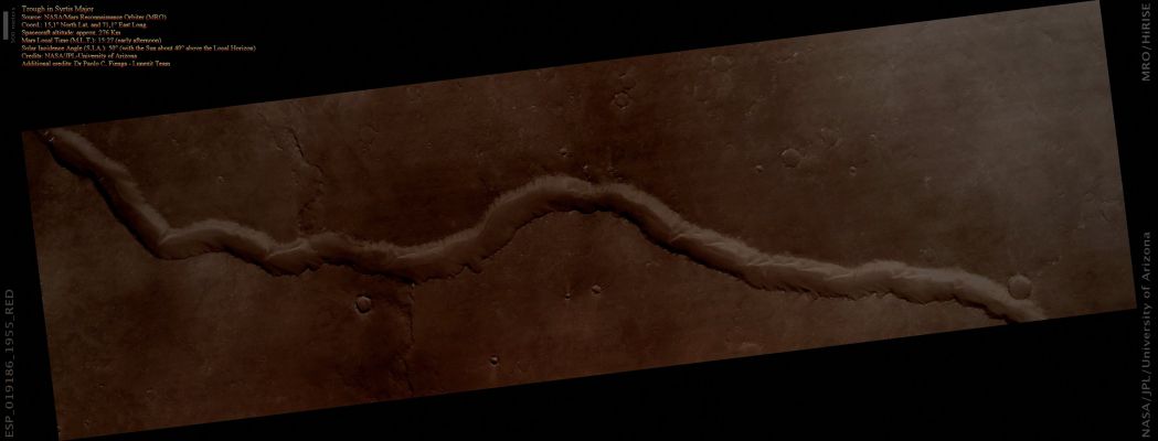 Trough in Syris Major (Natural Colors; credits for the additional process. and color.: Dr Paolo C. Fienga - Lunexit Team)
nessun commento
Parole chiave: Mars from orbit - Troughs - Syrtis Major Region