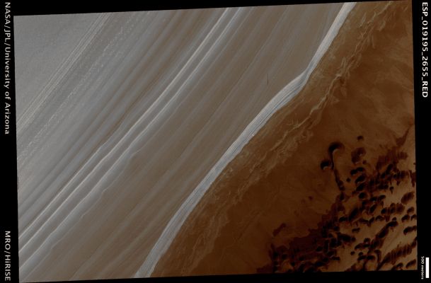 North Polar Boundary (Absolute Natural Colors; credits for the additional process. and color.: Dr Paolo C. Fienga - Lunexit Team:)
Mars Local Time: 14:09 (early afternoon)
Coord. (centered): 85,3° North Lat. and 160,3° East Long.
Spacecraft altitude: 324,6 Km (such as about 202,9 miles) 
Original image scale range: 32,5 cm/pixel (with 1 x 1 binning) so objects ~97 cm across are resolved 
Map projected scale: 25 cm/pixel
Map projection: POLAR STEREOGRAPHIC
Emission Angle: 10,8° 
Sun-Mars-Spacecraft (or Phase) Angle: 61,9°
Solar Incidence Angle: 71° (meaning that the Sun is about 19° above the Local Horizon)
Solar Longitude: 141,1° (Northern Summer)
Credits: NASA/JPL/University of Arizona
Additional process. and coloring: Dr Paolo C. Fienga - Lunexit Team
Parole chiave: Mars from orbit - North Polar Features - Boundary