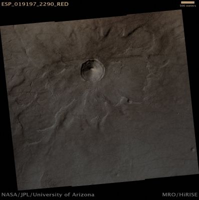 Extremely unusually-looking Unnamed Northern Crater (Absolute Natural Colors; credits for the additional process. and color.: Dr Paolo C. Fienga - Lunexit Team)
Acquisition Date: 31 August 2010
Mars Local Time (MLT): 15:25 (Early Afternoon)
Latitude (centered): 48,7° North 
Longitude (East): 127,6° 
Range to Target Site: 311,5 Km (such as about 194,7 miles) 
Original image scale range: from 31,2 to 62,3 cm/pixel (with 2 x 2 binning)
Map projected scale: 25 cm/pixel
Map projection: EQUIRECTANGULAR 
Emission angle: 12,5° 
Sun-Mars-Spacecraft (or Phase) Angle: 41,3° 
Solar Incidence Angle: 53° (with the Sun about 37° above the Local Horizon) 
Solar Longitude: 141,1° - Northern Summer
Parole chiave: Mars from orbit - Craters - Unnamed "Cone-like" Crater
