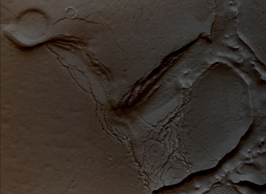 Pits and Fractures in Deuteronilus Mensae (Absolute Natural Colors; credits for the additional process. and color.: Dr Paolo C. Fienga - Lunexit Team) 
Acquisition Date: 29 September 2010 
Mars Local Time (M.L.T.): 15:31 (middle afternoon)
Latitude (centered): 43,8° North
Longitude (East): 25,2° 
Range to Target Site: 310 km (such as 193,7 miles) 
Original image scale range: 31 cm/pixel (with 1 x 1 binning) so objects ~93 cm across are resolved 
Map Projected Scale: 25 cm/pixel
Map projection: EQUIRECTANGULAR 
Emission Angle: 14,4° 
Phase Angle: 43,0° 
Solar Incidence Angle (S.I.A.): 57°, with the Sun about 33° above the Local Horizon 
Solar longitude: 156° (Northern Summer)
Parole chiave: Mars from orbit - Deuteronilus Mensae