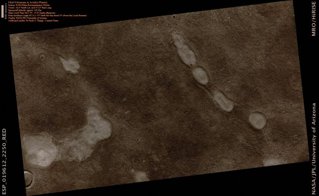 Mud-Volcanoes (?) in Acidalia Planitia (Absolute Natural Colors; credits for the additional process. and color.: Dr Paolo C. Fienga - Lunexit Team)
This proposed future Mars Landing Site in Acidalia Planitia targets densely occurring Mounds thought to be "Mud Volcanoes". 
Mud Volcanoes are geological structures formed when a mixture of gas, liquid and fine-grained rock (or mud) is forced to the Surface from several meters to kilometers underground. 

Scientists are targeting these Mud Volcanoes because the sediments, brought from depth, could contain organic materials that might provide evidence for possible past and present microbial life on Mars.
Parole chiave: Mars from orbit - Mud Volcanoes - Acidalia Planitia