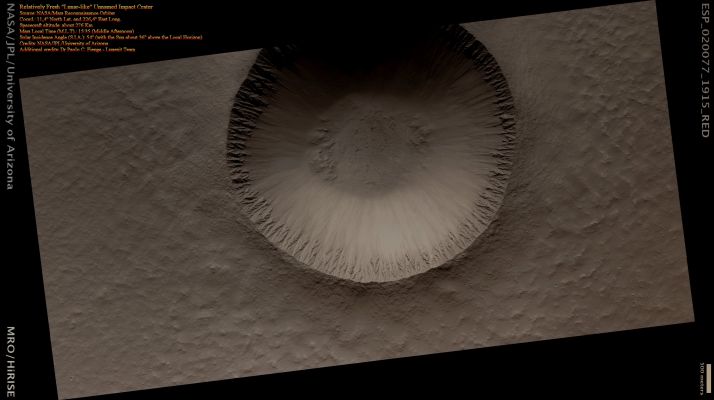 Relatively fresh "Lunar-like" Unnamed Crater (Absolute Natural Colors; credits for the additional process. and color.: Dr Paolo C. Fienga - Lunexit Team)
nessun commento
Parole chiave: Mars from orbit - Craters - Unnamed Relatively Fresh Crater