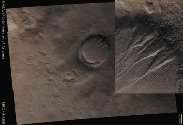 Unnamed Crater with deep-incised Gullies (Absolute Natural Colors; credits for the additional process. and color.: Dr Paolo C. Fienga - Lunexit Team)
Mars Local Time: 15:36 (Middle Afternoon)
Coord. (centered): 37,6° South Lat. and 314,1° East Long.
Spacecraft altitude: 271,7 Km (such as about 169,8 miles) 
Original image scale range: 27,2 cm/pixel (with 1 x 1 binning) so objects ~ 54,4 cm across are resolved (with 2 by 2 binning)
Map projected scale: 25 cm/pixel
Map projection: EQUIRECTANGULAR
Emission Angle: 21,4° 
Sun-Mars-Spacecraft (or "Phase") Angle: 74,9°
Solar Incidence Angle: 54° (meaning that the Sun is about 36° above the Local Horizon)
Solar Longitude: 209,6° (Northern Fall)
Credits: NASA/JPL/University of Arizona
Additional process. and coloring: Dr Paolo C. Fienga - Lunar Explorer Italia
Parole chiave: Mars from orbit - Craters - Unnamed Crater with Gullies - Nereidum Montes Region