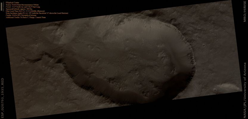 Elliptical Impact Crater or Crater Chain? (Natural Colors; credits for the additional process. and color.: Dr Paolo C. Fienga - Lunexit Team)
Caption NASA:"This image shows what appears to be a highly Elliptical Crater, which would be unusual. Closer examination reveals that it is probably two overlapping Craters that formed concurrently, plus several smaller Craters aligned with the Long Axis of the elliptical depression.
This type of "Crater Chain" can form from a highly oblique impact, in which the Impactor (Bolide) trajectory is almost parallel to the Surface".
Parole chiave: Mars from orbit - Craters - Crater Chain