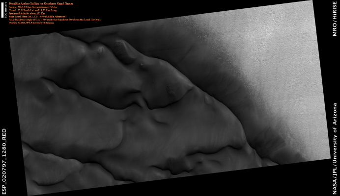 Possible Active Gullies' Activity on a Southern Dunefield
Caption NASA:"The Dark Sand Dunes here are eroded in many places, forming Gullies. Some of these Gullies were not present in prior images of this spot or, if they were, they have now grown in size.
Monitoring of Dune Gullies by HiRISE has shown us when the Gullies are active: in the Winter or early Spring. 
This was a surprise, because the Gullies look like ones on Earth that are formed by flowing water or wet debris. It is far too cold for water to be liquid in the Martian Winter, but there is Carbon Dioxide Frost (Dry Ice) on the ground, lasting through the Spring at high latitudes. This Frost may serve to reduce grain-to-grain friction, allowing the sand to flow on the steep slopes".
Parole chiave: Mars from orbit - Dunes' Gullies