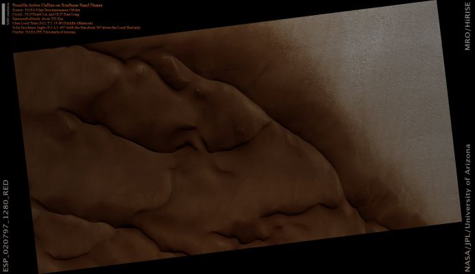 Possible Active Gullies' Activity on a Southern Dunefield (Natural Colors; credits for the coloring: Dr Paolo C. Fienga - Lunexit Team)
nessun commento
Parole chiave: Mars from orbit - Dunes' Gullies