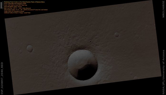 Unnamed Crater on the Distal Eastern Flank of Elysium Mons (Absolute Natural Colors; credits for the additional process. and color.: Dr Paolo C. Fienga - Lunexit Team)
nessun commento
Parole chiave: Mars from orbit - Craters - Unnamed Crater