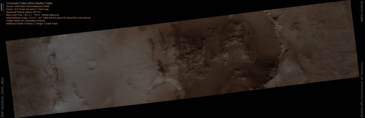 Unnamed Crater within Madler Crater (Absolute Natural Colors; credits for the additional process. and color.: Dr Paolo C. Fienga - Lunexit Team)
nessun commento
Parole chiave: Mars from orbit - Craters - Unnamed Crater