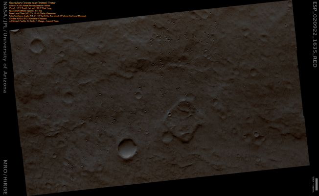 Proximities of Gratteri Crater (Absolute Natural Colors; credits: Dr Paolo C. Fienga - Lunexit Team)
Caption NASA:"Gratteri Crater, located about 150 Km to the South-East, ejected rocks that created millions of Secondary Craters over a Region at least 500 Km wide.
Many of these Secondary Craters are concentrated in "Rays", or lines extending radially from the Primary Impact Area (such as the "Gratteri Crater" Area). 
Crater Rays on the Moon are typically bright at visible wavelengths, but on Mars they are often best seen in the Thermal InfraRed wavelengths, from temperature contrasts. This image confirms that this Ray contains many Secondary Craters (they are the small, sharp-rimmed Craters). Since millions of Secondary Craters form at once, they all have the same age and same degree of modification over time. Understanding the distribution of secondary craters provides information about impact processes, including escape of rocks that could become Martian meteorites on Earth".
Parole chiave: Mars from orbit - Craters - Secondary Crater Field