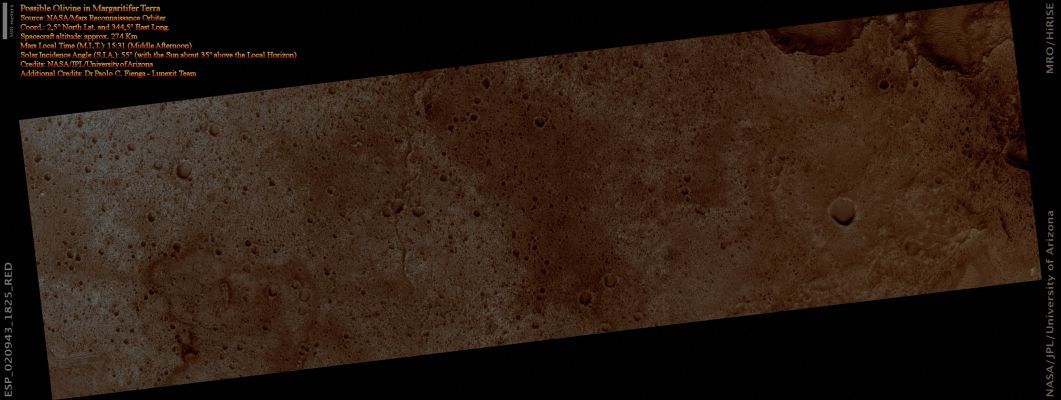 Possible Olivine in Terra Margaritifer (Absolute Natural Colors; credits for the additional process. and coloring: Dr Paolo C. Fienga - Lunexit Team)
nessun commento
Parole chiave: Mars from orbit - Olivine Terrain - Margaritifer Terra