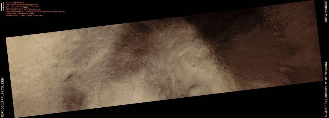 Knob in Argyre Planitia (Absolute Natural Colors; credits for the additional process. and color.: Dr Paolo C. Fienga - Lunexit Team)
nessun commento
Parole chiave: Mars from orbit - Knob - Argyre Planitia Region