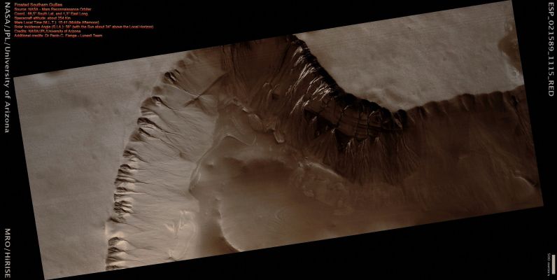Frosted Gullies (Natural Colors; credits for the additional process. and color.: Dr Paolo C. Fienga - Lunexit Team)
nessun commento
Parole chiave: Mars from orbit - Gullies - Southern Latitudes