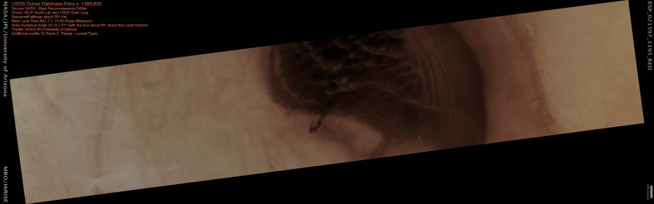 USGS Dunes Database Entry n. 1385-600 (Absolute Natural Colors; credits: Dr Paolo C. Fienga - Lunexit Team)
nessun commento
Parole chiave: Mars from orbit - Dunes - Dunefield