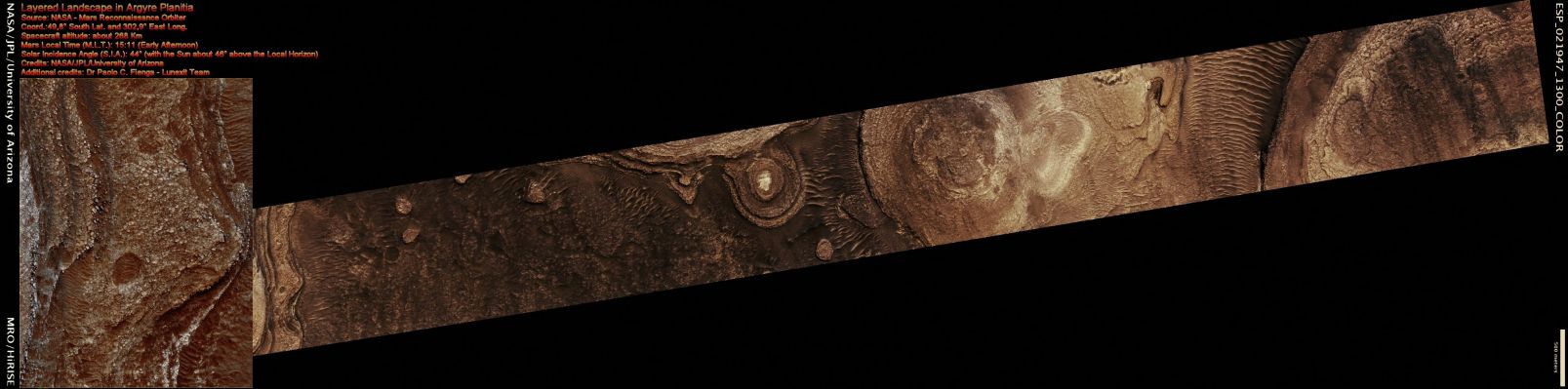 Layered Landscape in Argyre Planitia (an Image-Mosaic in Absolute Natural Colors; credits for the additional process. and color.: Dr Paolo C. Fienga - Lunexit Team)
nessun commento
Parole chiave: Mars from orbit - Layered Terrain - Argyre Planitia Region