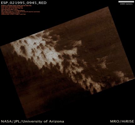 Evidence of possible Geyser Activity near the South Pole (Enhanced Natural Colors; credits for the additional process. and color.: Dr Paolo C. Fienga - Lunexit Team)
nessun commento
Parole chiave: Mars from orbit - South Polar Features - Possible Geysers