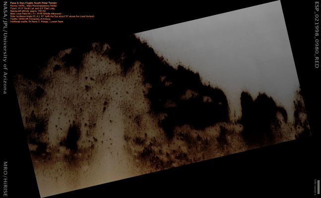 Fans in "Non-Cryptic" South Polar Terrain (Absolute Natural Colors; credits: Dr Paolo C. Fienga - Lunexit Team)
nessun commento
Parole chiave: Mars from orbit - South Polar Features - Fans