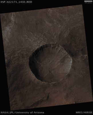 Unnamed Crater S/E of Bosporus Planum (Absolute Natural Colors; credits for the additional process. and color.: Dr Paolo C. Fienga - Lunexit Team)
Aquisition date: 20 April 2011 
Mars Local Time (M.L.T.): 14:43 (Early Afternoon)
Latitude (centered): 36,4° South
Longitude (East): 302,7°
Range to Target Site (Spacecraft Altitude): 252,1 Km (157,6 miles) 
Original Image Scale Range: 50,4 cm/pixel (with 2 x 2 binning) so objects ~1 meter and 51 cm across are resolved 
Map Projected Scale: 50 cm/pixel
Map projection: EQUIRECTANGULAR 
Emission Angle: 5,3°
Sun-Crater-Spacecraft Angle (Phase Angle): 41,9°
Solar Incidence Angle (S.AI.A.): 37° (with the Sun about 53° above the Local Horizon)
Solar Longitude: 277,3° (Northern Winter)
Parole chiave: Mars from orbit - Craters - Unnamed Crater