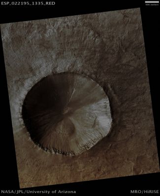 Transient "Slope Linea Formation" in a well-preserved Unnameed Southern Crater (Absolute Natural Colors; credits for the additional process. and color.: Dr Paolo C. Fienga - Lunexit Team)
Acquisition date: 21 April 2011 
Mars Local Time (M.L.T.): 14:48 (Early Afternoon)
Latitude (centered): 45,9° North
Longitude (East): 9,5°
Range to Target Site (Spacecraft Altitude): 250,9 Km (156,8 miles) 
Original Image Scale Range: 25,1 cm/pixel (with 1 x 1 binning) so objects ~75 cm across are resolved 
Map Projected Scale: 25 cm/pixel
Map projection: EQUIRECTANGULAR 
Emission Angle: 2,0°
Sun-Crater-Spacecraft Angle (Phase Angle): 37,9°
Solar Incidence Angle (S.AI.A.): 40° (with the Sun about 50° above the Local Horizon)
Solar Longitude: 278,5° (Northern Winter)

Parole chiave: Mars from orbit - Craters - Unnamed Crater with "Slope Linea Formation"