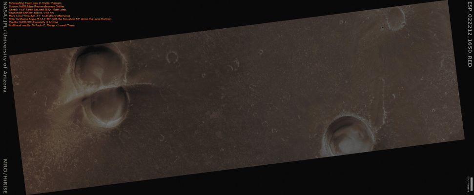 Interesting Surface Features in Syria Planum (Absolute Natural Colors; credits for the additional process. and color.: Dr Paolo C. Fienga - Lunexit Team) 
Caption NASA:"This observation was to offer us a two-for-one treat: a small Volcano and a Double Crater with Ejecta Ridges caused by a binary impact. However, with little data volume, we were not able to get both targets, so we used a manual delay to image the Double Crater. A possible re-image of this area might focus on the Volcano. The site appears fairly dusty and there may not be much fine-scale structure to see. 
Syria Planum is a broad Plateau, forming part of the Tharsis Region, which is home to the largest Volcanos in the Solar System. Some of these, Arsia Mons and Pavonis Mons, are also known as "Shield Volcanoes".
Parole chiave: Mars from orbit - Syria Planum