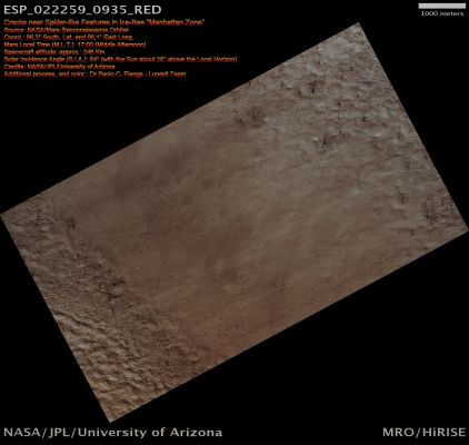 Cracks near Spider-like Features in Ice-free "Manhattan Zone" (Absolute Natural Colors; credits for the additional process. and color.: Dr Paolo C. Fienga - Lunexit Team)
nessun commento
Parole chiave: Mars from orbit - South Polar Features - Spiders